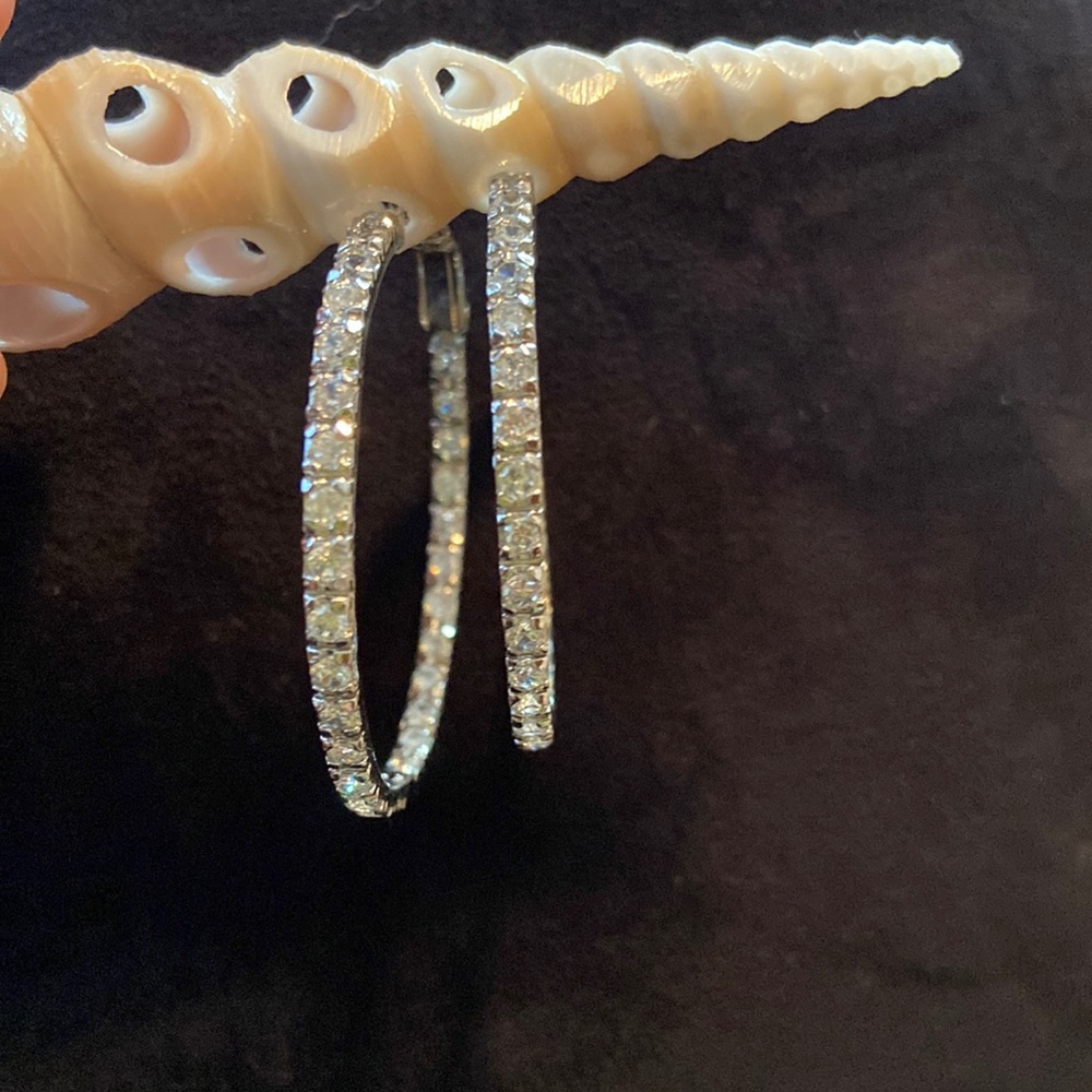 Stunning Silver toned 1 1/2 inch and clear crystals inside outside hoop earrings